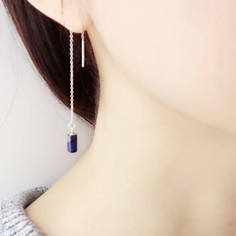 Lattice Stone Ear Chain S925 Sterling Silver Earrings Allergy Free - Earrings & Clip-ons - Sterling Silver Blue