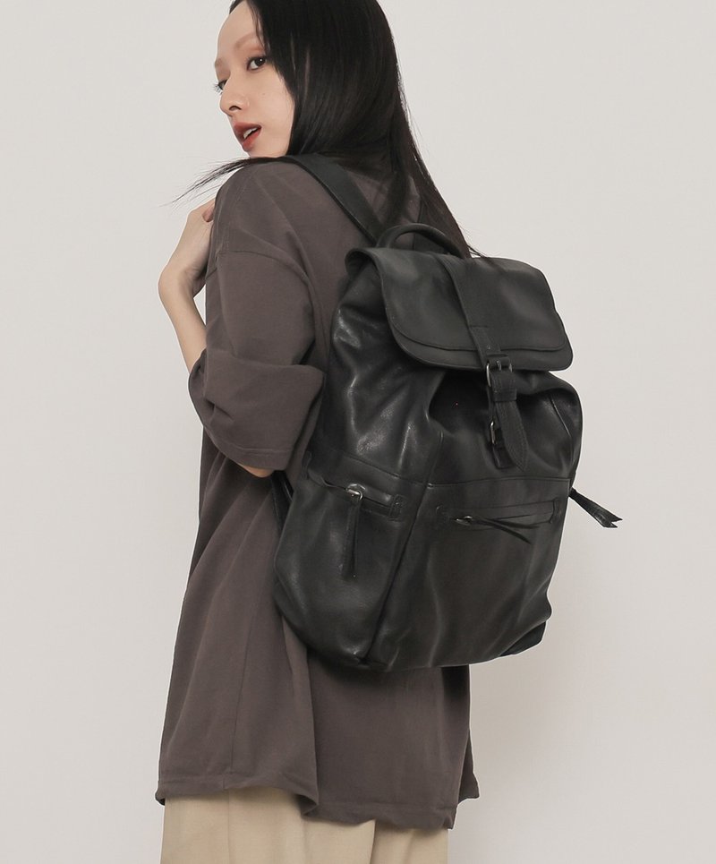 supportrole unisex simple leather multi-space backpack black - กระเป๋าเป้สะพายหลัง - หนังแท้ สีดำ