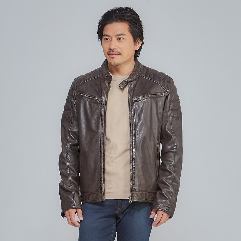 Refurbished[German GIPSY] Romsey tough guy stand collar leather jacket - dark brown - size M - เสื้อโค้ทผู้ชาย - หนังแท้ สีนำ้ตาล
