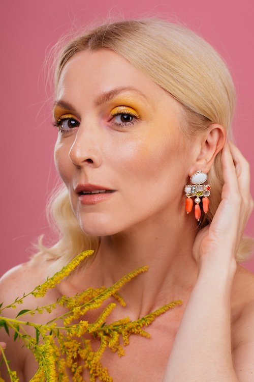 Olga Sergeychuk jewelry Earrings Vivid Chandelier earrings Mosaic with mother of pearls and coral beads