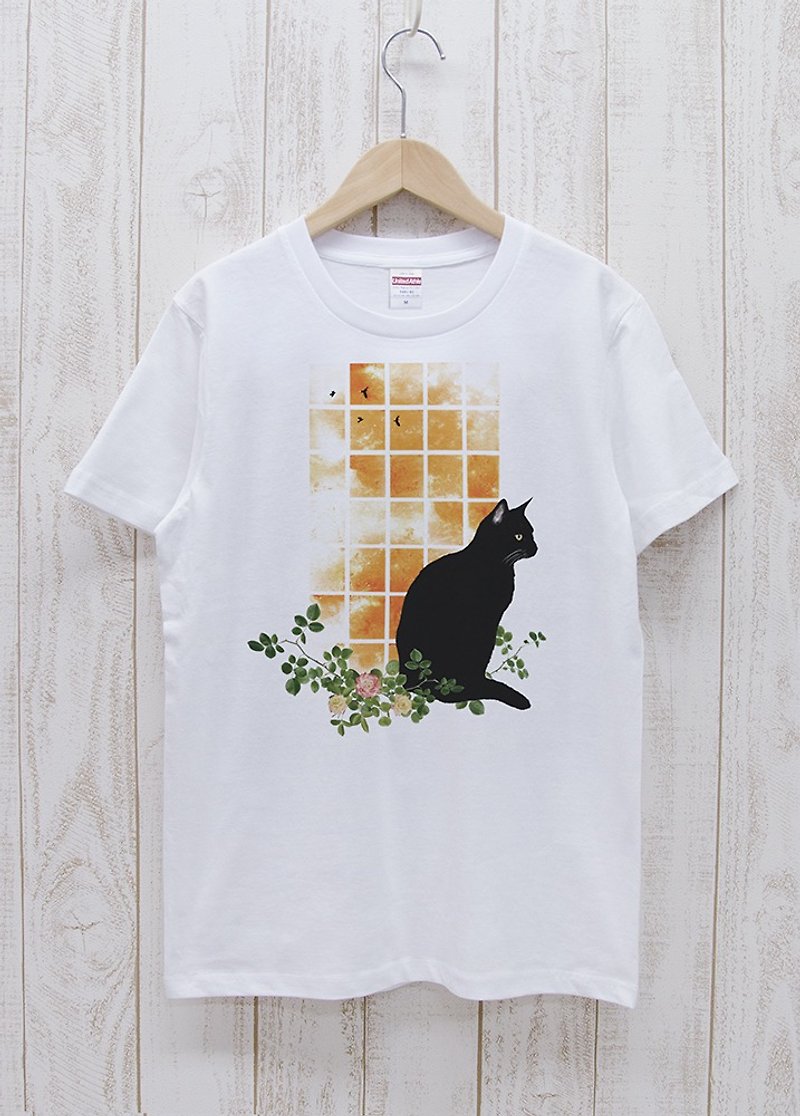 佇む黒猫　窓辺SUNSET　ホワイト / R030-T-WH - 中性衛衣/T 恤 - 棉．麻 白色