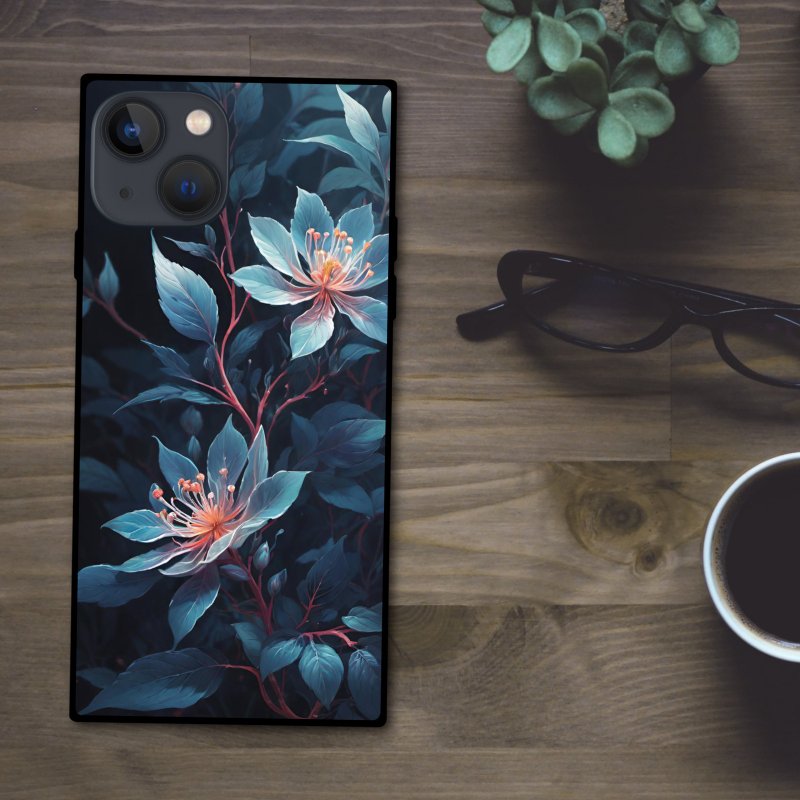 A fantastical plant with beautiful, translucent indigo flower lover. Square-shaped smartphone case [tempered glass finish] for iPhone 16 - เคส/ซองมือถือ - พลาสติก หลากหลายสี