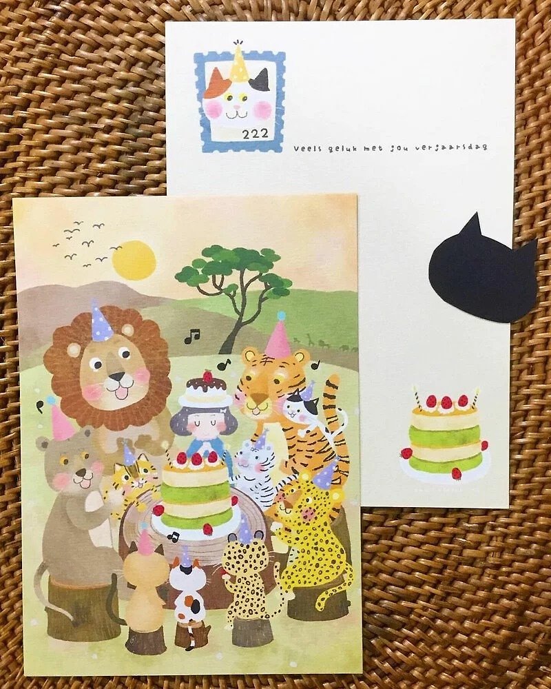 Illustration postcard. Feline birthday party on the grasslands of South Africa・LiebeËva designed by Ringo Painting - Cards & Postcards - Paper Orange