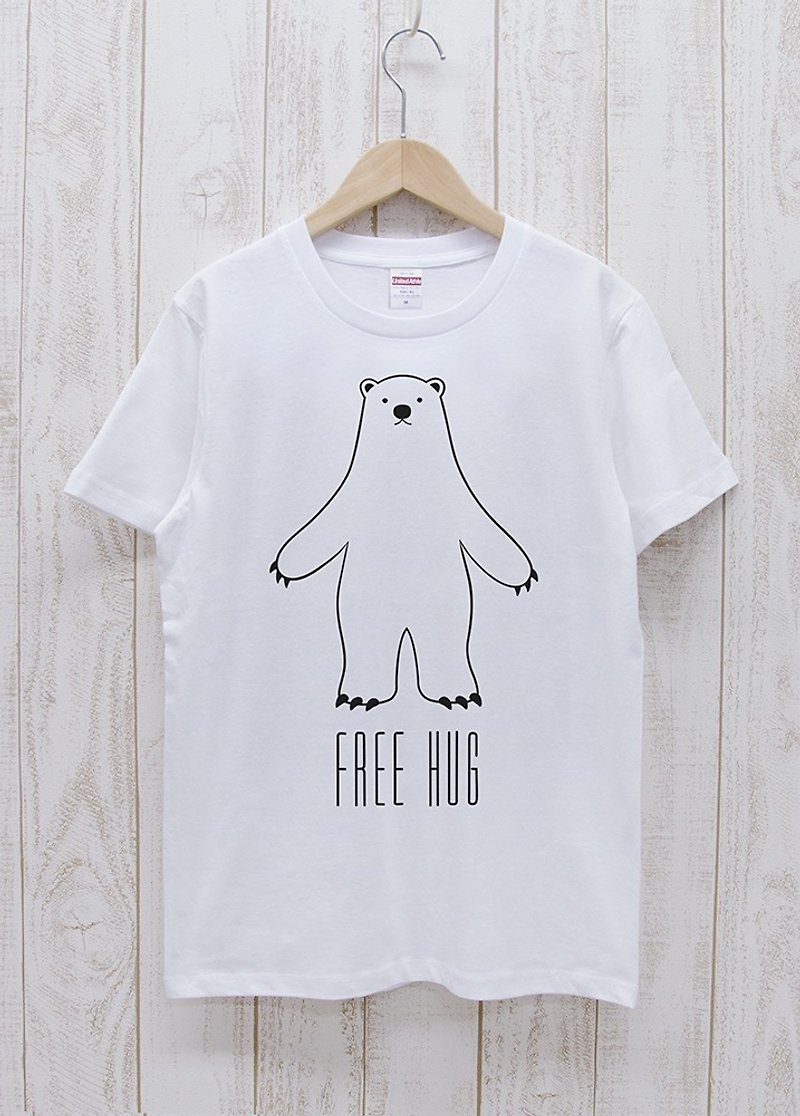 FREE HUG White Bear White / R013-T-WH - เสื้อฮู้ด - ผ้าฝ้าย/ผ้าลินิน ขาว