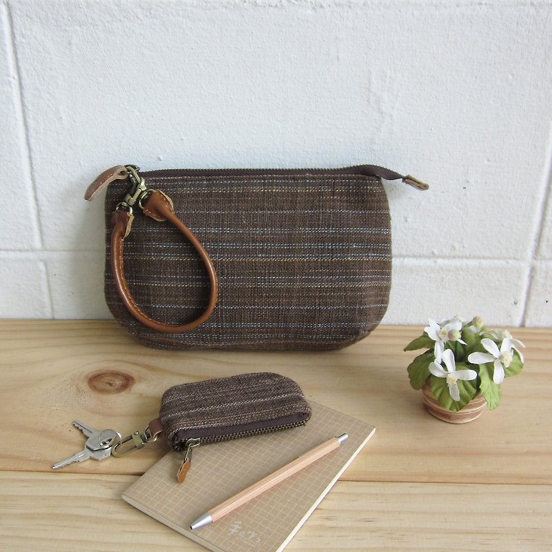 Multi Purpose Pouch with Leather Strap Hand woven and Botanical Dyed Cotton Brown-Blue Color - กระเป๋าเครื่องสำอาง - ผ้าฝ้าย/ผ้าลินิน สีนำ้ตาล