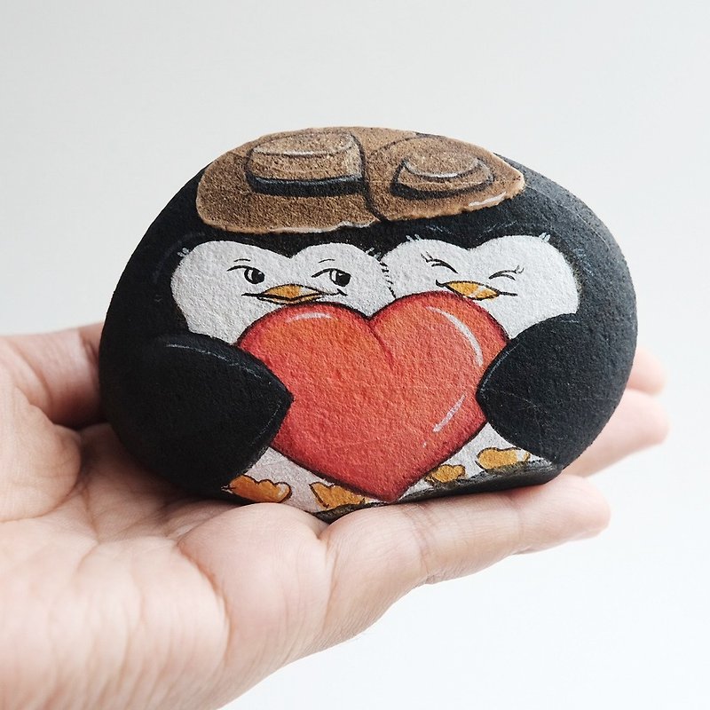 Penguin couple stone painting,valentine gift, - Stuffed Dolls & Figurines - Stone Red