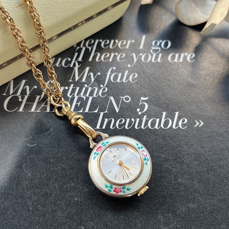 [Swiss Bucherer 17 Jewels White Background Floral Enamel Mechanical Pocket Watch Necklace] Vintage - อื่นๆ - วัสดุอื่นๆ 