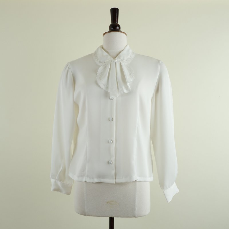 Vintage Off White Long Sleeve Blouse With Jabot Collar - Women's Tops - Polyester White