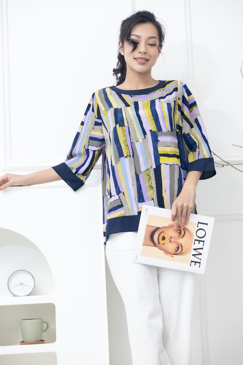 畫筆黃藍卡其紫色筆刷圓領上衣 - 女上衣/長袖上衣 - 其他材質 多色