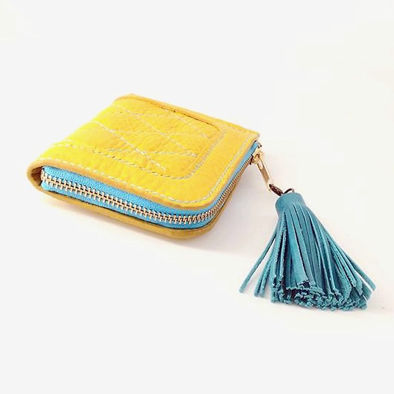 【MY。手作】 leather zipper wallet with tassel/ quilting leather wallet / short wallet / with coins pocket & 4 card slots.~ Mustard yellow - Wallets - Genuine Leather Yellow