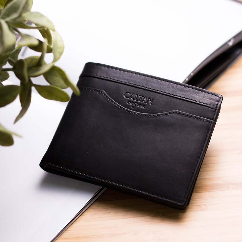 Wallet/Leather/Short Clip Leather Men's British Style Stitching Short Clip-072320bk - Wallets - Genuine Leather Black