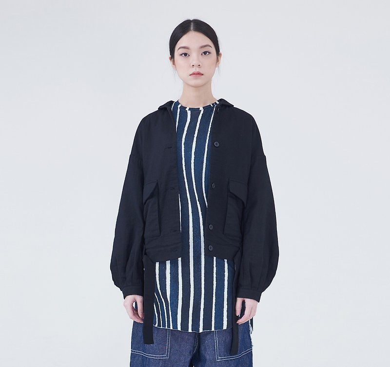 TRAN - Wide rounded collar lace jacket short version - เสื้อแจ็คเก็ต - ผ้าฝ้าย/ผ้าลินิน สีดำ