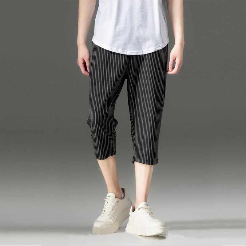 Summer splicing shorts pinch pleated stripes men 7 minutes of pants - กางเกงขาสั้น - ผ้าฝ้าย/ผ้าลินิน 