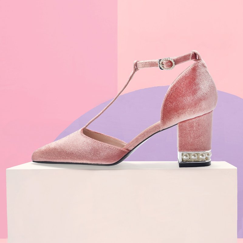 | HOA | Small Pointed Toe T-strap Velvet Pearl Block Heels | Pink | 5360 | - High Heels - Other Man-Made Fibers Pink