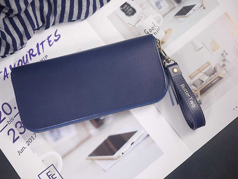 [Mother's Day] [Customized Engraving] Serenity Blue. Vegetable tanned long clip/wallet/wallet/coin purse - กระเป๋าสตางค์ - หนังแท้ สีน้ำเงิน