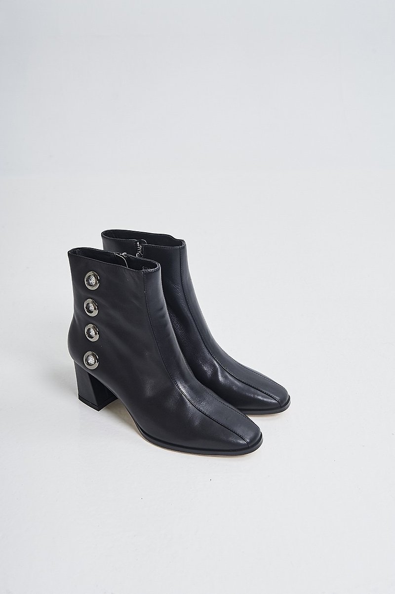 Side round hole round head thick heel boots black - รองเท้าบูทสั้นผู้หญิง - หนังแท้ สีดำ