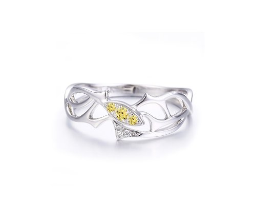 Majade Jewelry Design 黃鑽石14k金馬眼形訂婚戒指 樹枝造型求婚鑽戒 匕首荊棘結婚戒指