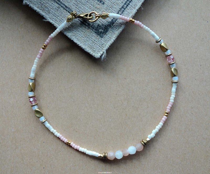 ~M+Bear~ Moonstone Brass & Natural Stone & Japanese Beaded Anklet/Anklet - Bracelets - Other Metals Pink