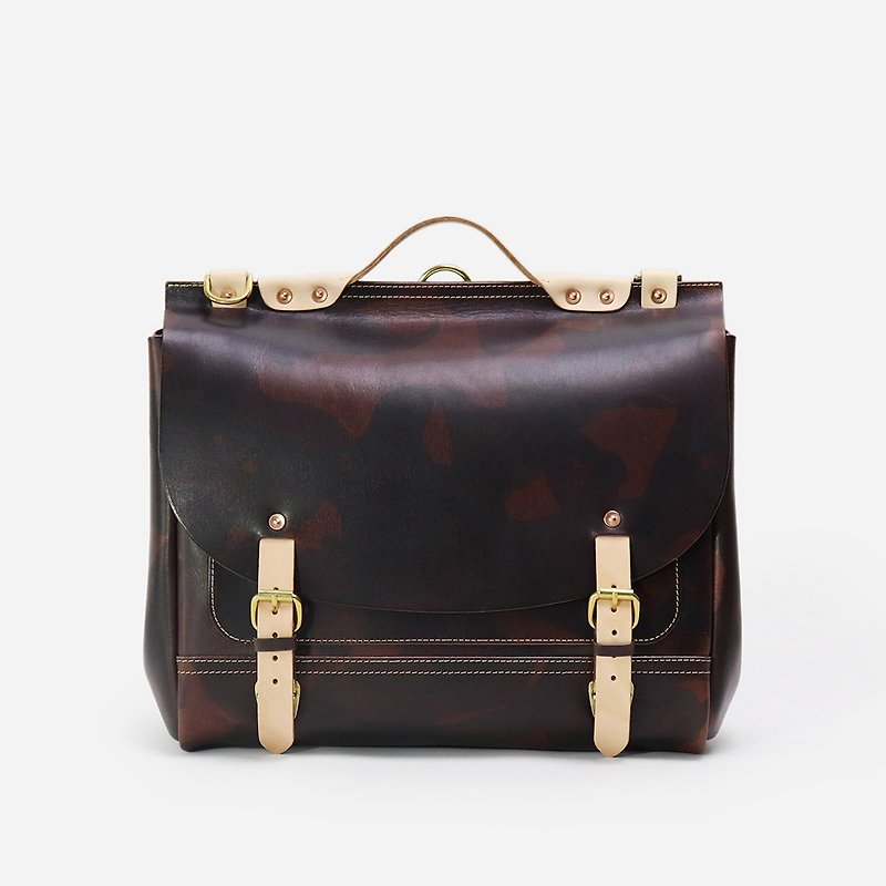Craftsman line brown camouflage vegetable tanned cowhide handmade designer men's and women's briefcase Cambridge backpack - กระเป๋าเป้สะพายหลัง - หนังแท้ สีนำ้ตาล