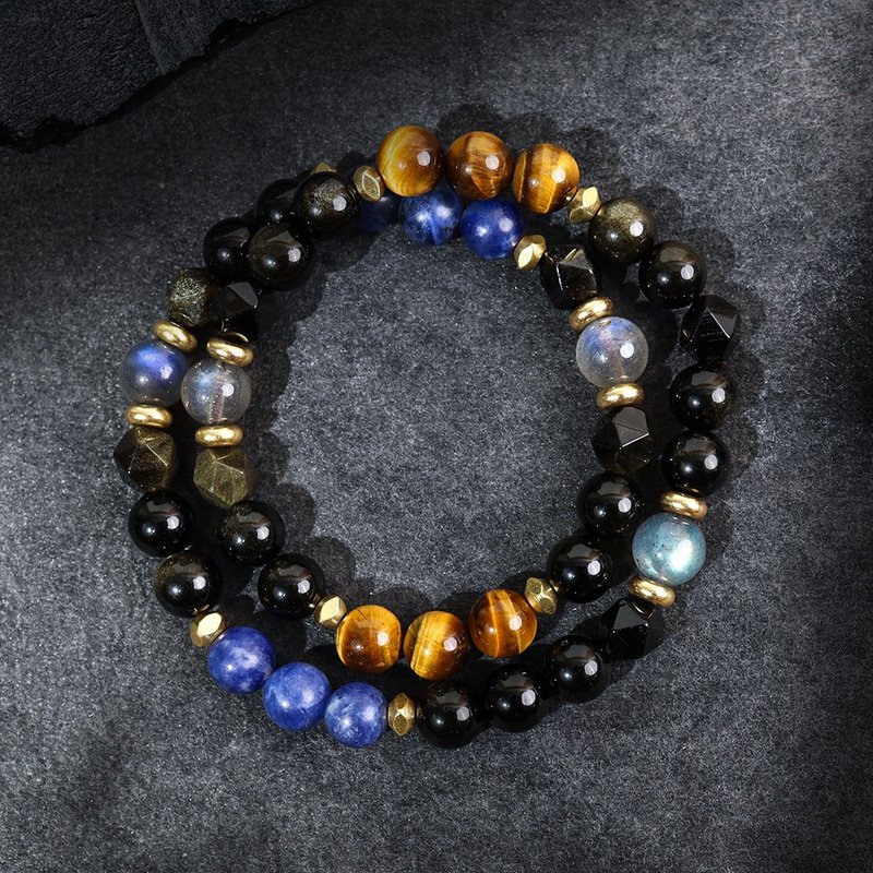 Navigator | B15 Stone blue Stone labradorite obsidian double ring bracelet - Bracelets - Gemstone Black