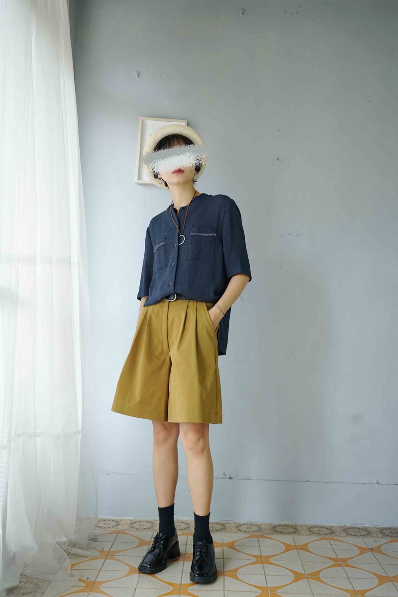 Design hand-made-maple mustard neutral boyish style pleated three-quarter wide pants - กางเกงขาสั้น - ผ้าฝ้าย/ผ้าลินิน สีส้ม