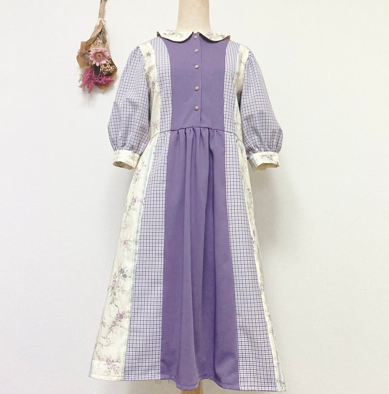 クラシカルなラベンダー×花柄×チェック柄のハーモニーワンピース - 洋裝/連身裙 - 聚酯纖維 紫色