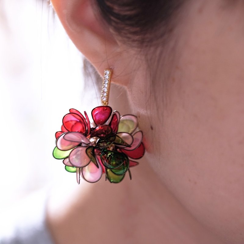 A pair of Christmas limited hand-made jewelry earrings with flower balls - Earrings & Clip-ons - Resin Red