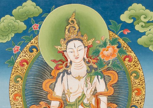 ホワイトターラ　タンカペイント 白多羅菩薩（ホワイトターラ）[S]・タンカ（仏画）｜彩雲