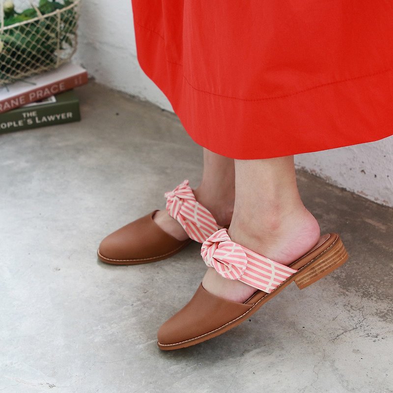 Different Material Bowknot Muller Shoes/Pink and White Line/Customized by Hand/S2-18609L - Slippers - Genuine Leather Brown