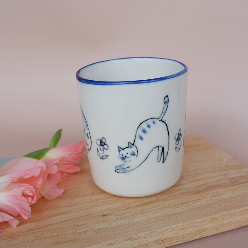 Cat cup - แก้วมัค/แก้วกาแฟ - ดินเผา สีน้ำเงิน