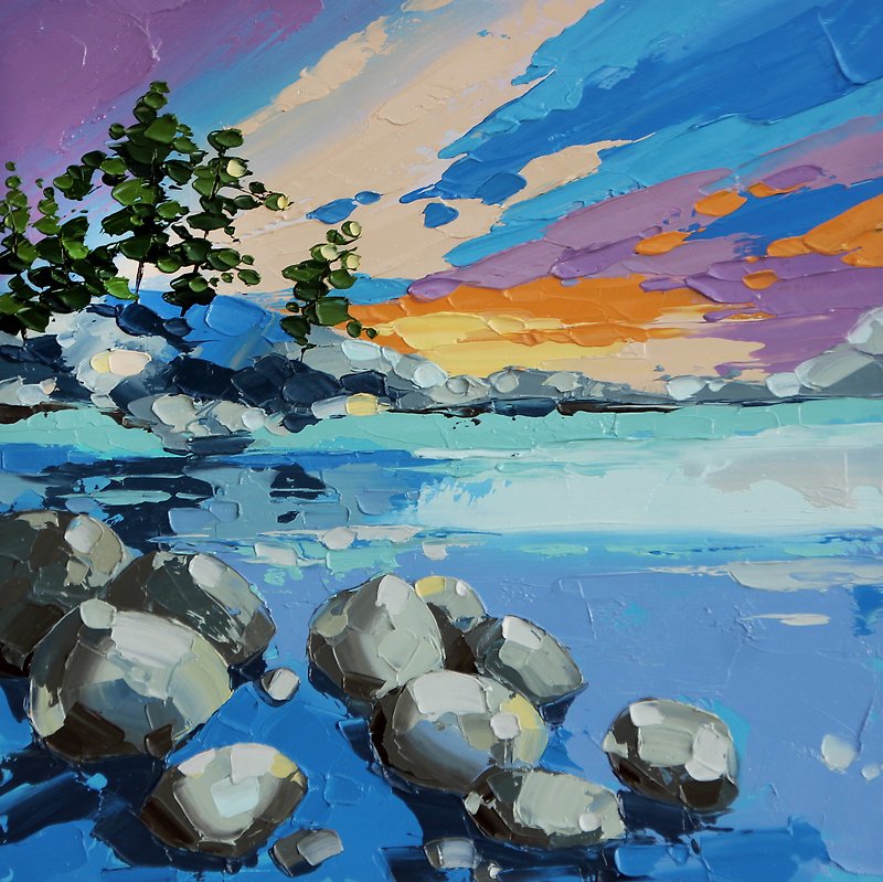 Lake Tahoe Painting California Original Art Impasto Artwork landscape Wall Art - Posters - Other Materials Blue