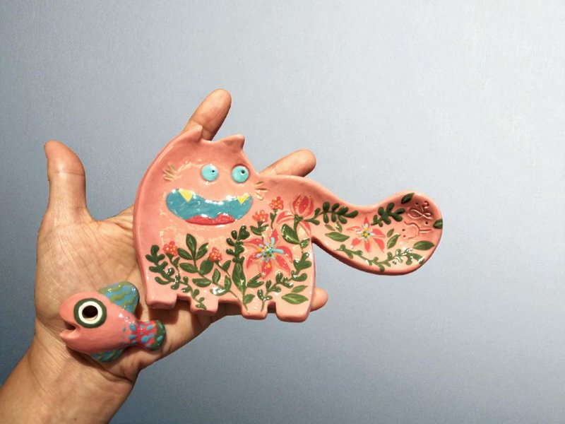 粉紅呆萌小花貓線香組 - 擺飾/家飾品 - 陶 