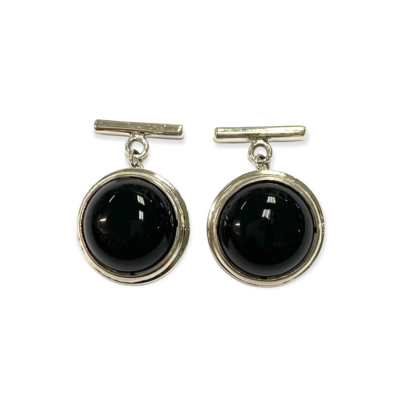Round Onyx Stone Wedding Cufflinks For Groom 925 Sterling Silver - 袖扣 - 純銀 黑色