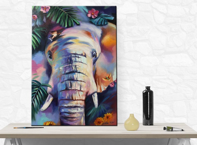 Colorful Elephant Painting Animals Original Art Canvas Elephant Artwork Animal
