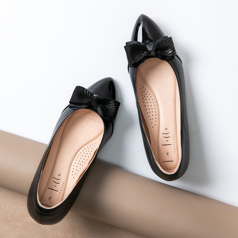 Cowhide bow heel shoes_black - High Heels - Genuine Leather Black