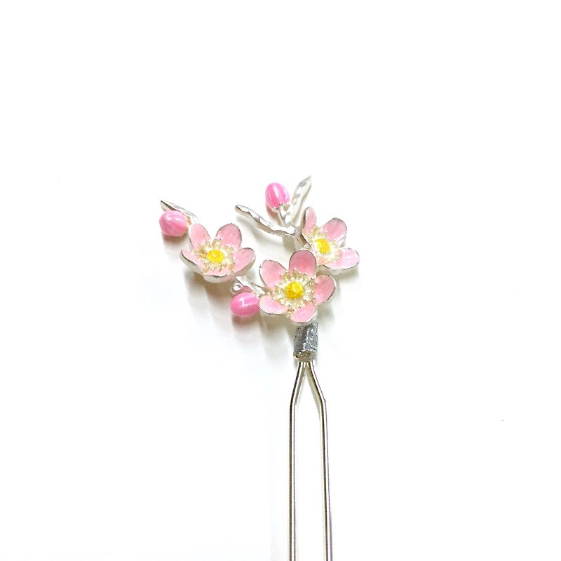 【】 If Sang Mulberry Sammer. Plated 925 silver enamel plum metalwork hairpin. Japanese kimono hairpin / hair style hairpin / classical hairpin / Chinese style hairpin - Hair Accessories - Other Metals Pink