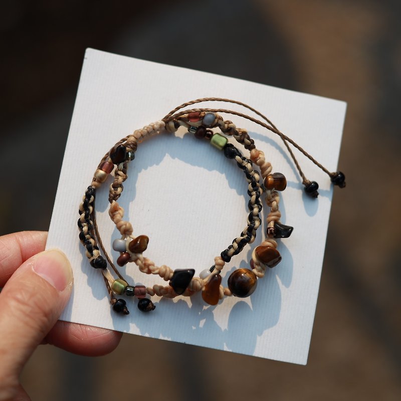 Tiger eye natural stone woven waxed cord double layered bracelet - 手鍊/手鐲 - 繡線 咖啡色