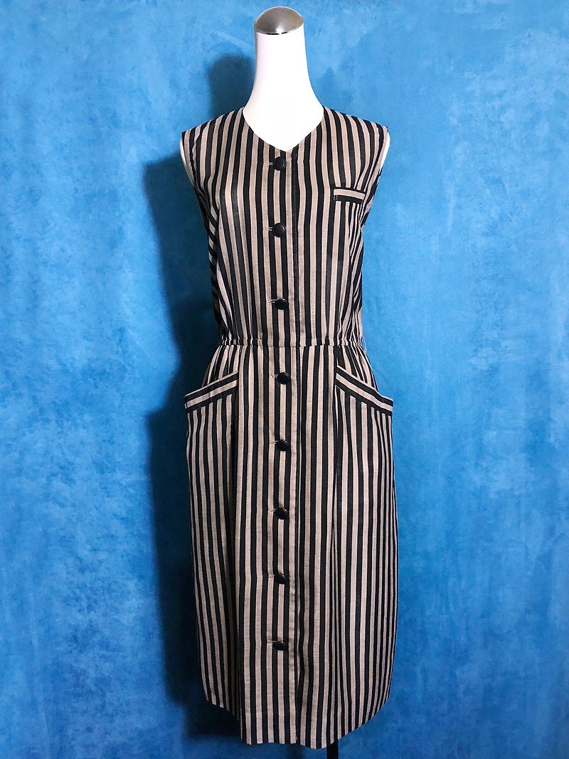 Ping pong vintage [Vintage dress / pocket stripe sleeveless vintage dress] bring back VINTAGE abroad - ชุดเดรส - เส้นใยสังเคราะห์ สีนำ้ตาล