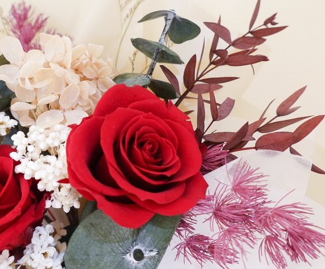 30本赤バラブーケ 60＊50cm ラッピングリボン 2重❣️枯れない花 永生花 30本の赤バラの花束】Redラッピング「Flower shop