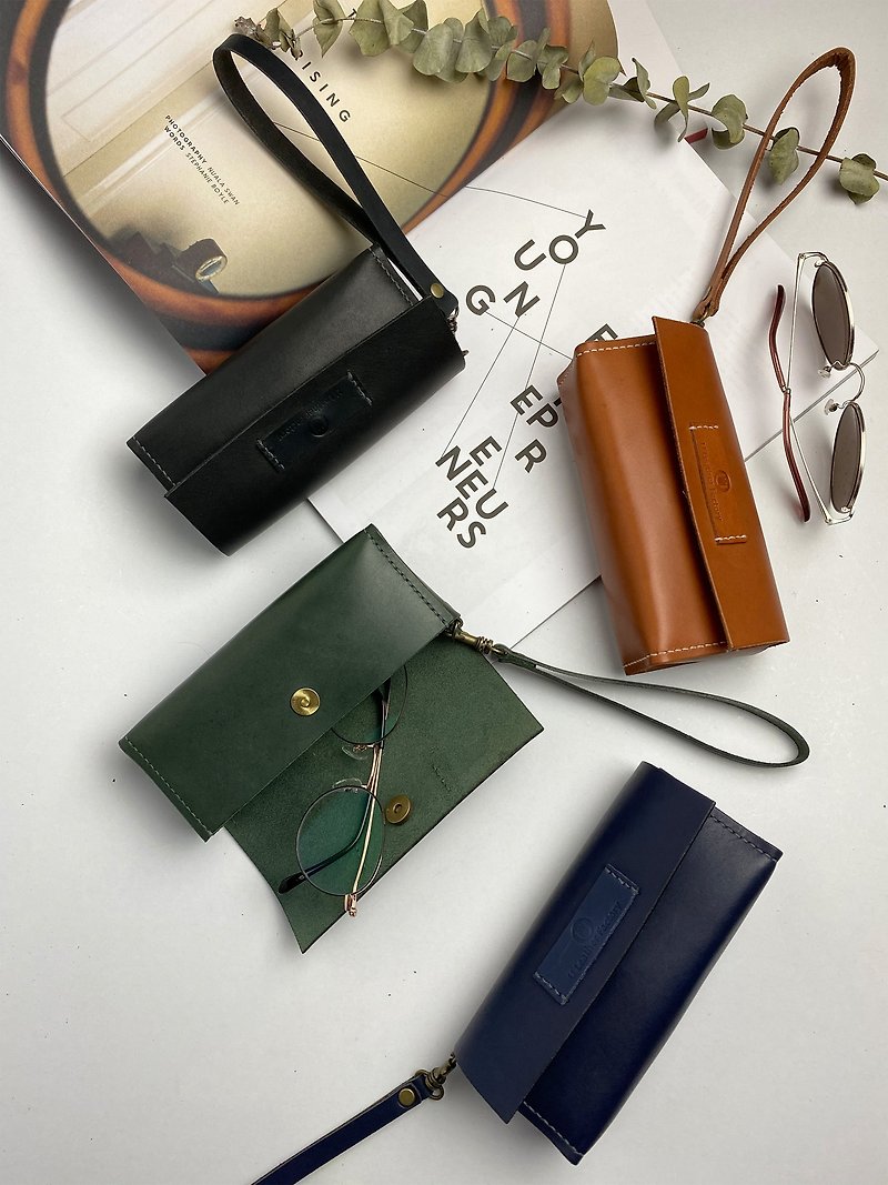 [Free name engraving] Glasses case/bag - including wrist strap - Sunglasses - Genuine Leather Green
