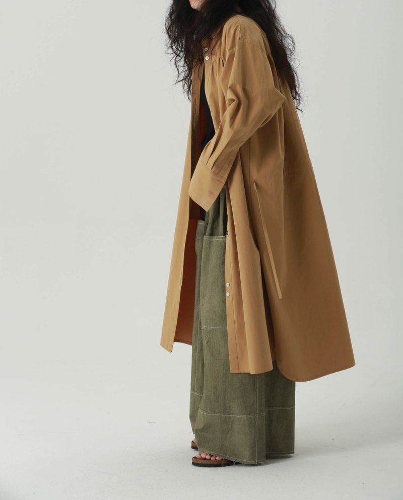 Literary retro loose waisted long shirt - One Piece Dresses - Other Materials Khaki