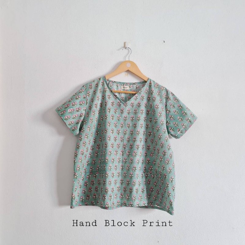 V Neck Blouse India Hand Block Print เสื้อคอวี - เสื้อผู้หญิง - ผ้าฝ้าย/ผ้าลินิน 