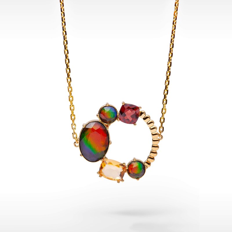 Radiant Circle Ammolite Necklace with Garnet and Citrine in 18k Gold Vermeil - 項鍊 - 寶石 