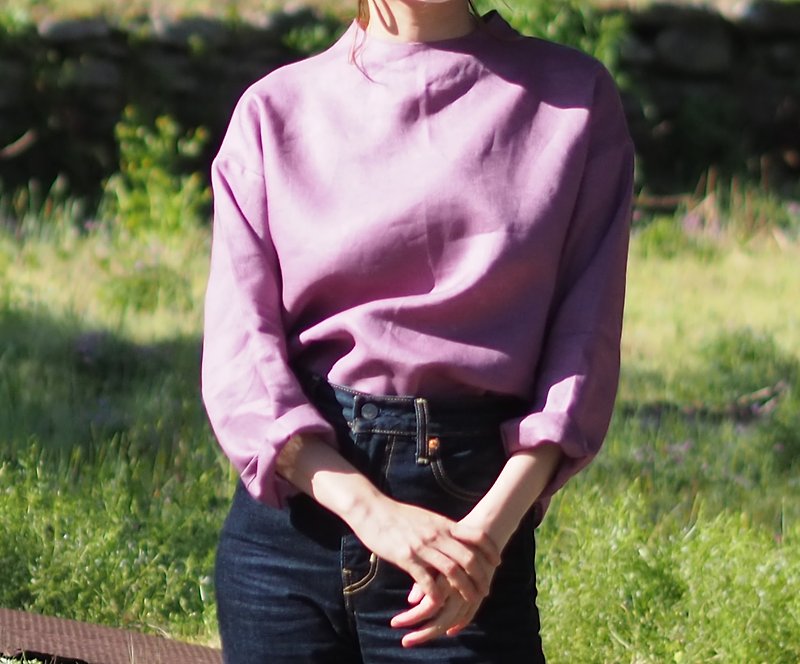 Linen Long Sleeve T-shirt Blouse Rose Pink - Women's Shirts - Cotton & Hemp Purple