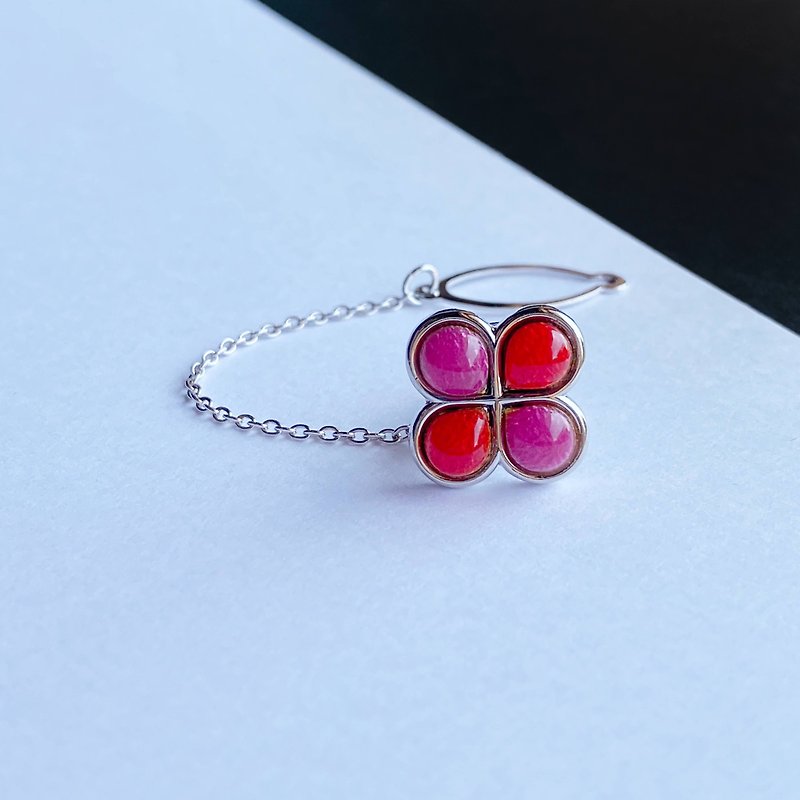 Clover [Berry Rose] Cloisonne Tie Tack Lapel Pin Pure Silver Cloisonne - Ties & Tie Clips - Other Materials Red