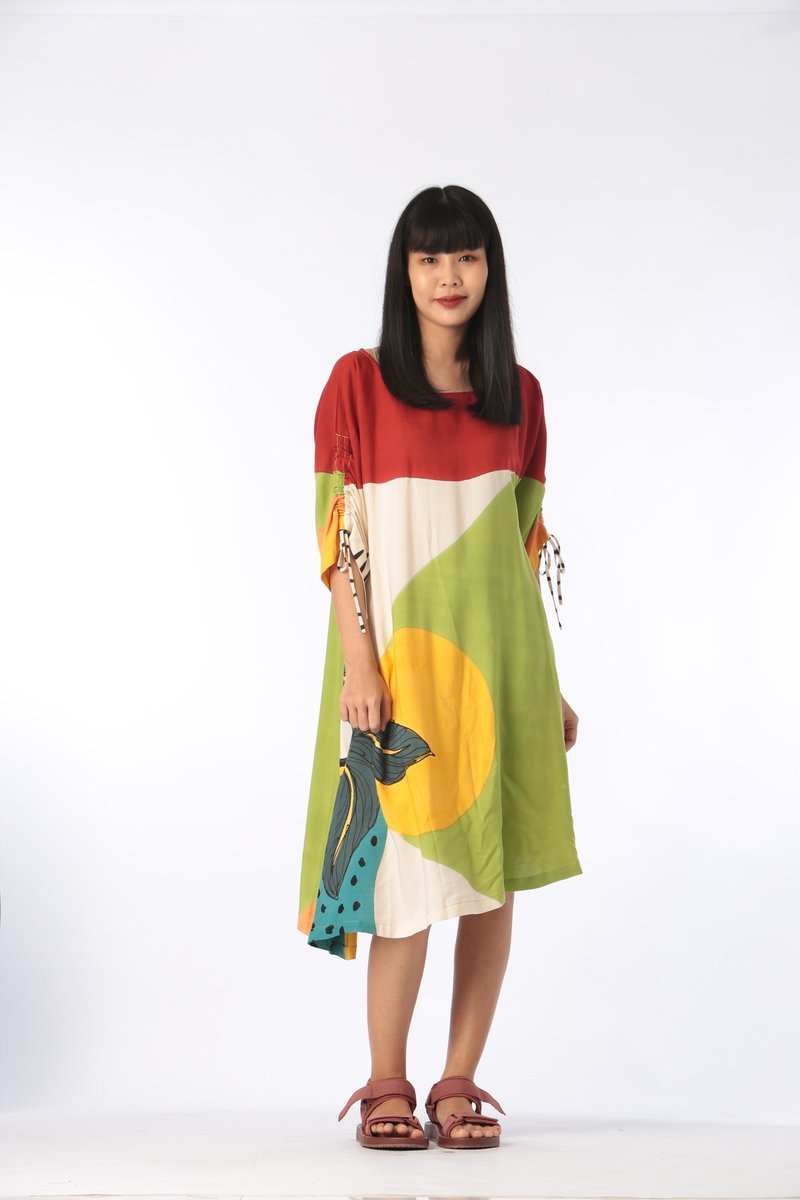 Short Dress Cotton Rayon Hand Painted for Summer resort vaca - 洋裝/連身裙 - 棉．麻 綠色