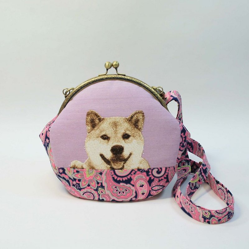 Embroidered 20cm U-shaped gold cross-body bag 09-Shiba Inu - Messenger Bags & Sling Bags - Cotton & Hemp Pink