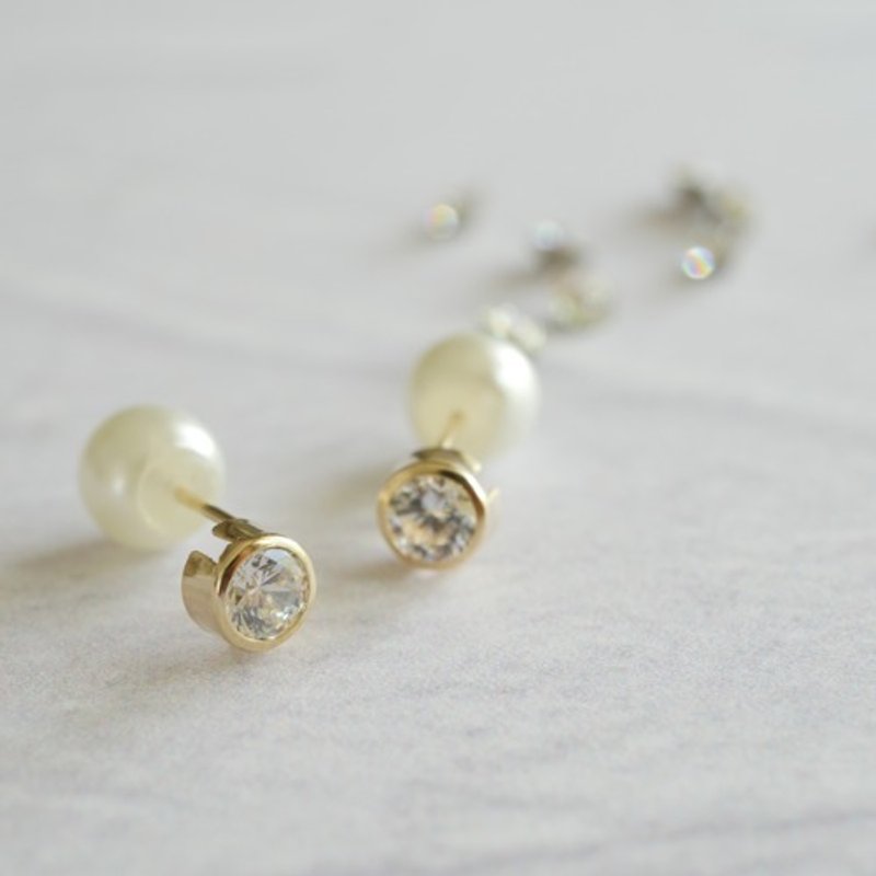 Limited quantity K10 Simple bezel zirconia earrings/ Clip-On with cute back style Gold Pearl catch 2way - Earrings & Clip-ons - Gemstone 