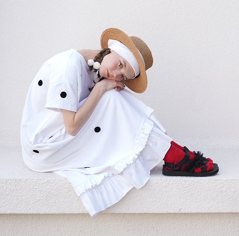 Flower tail long T-shirt white dress-imakokoni - One Piece Dresses - Cotton & Hemp White