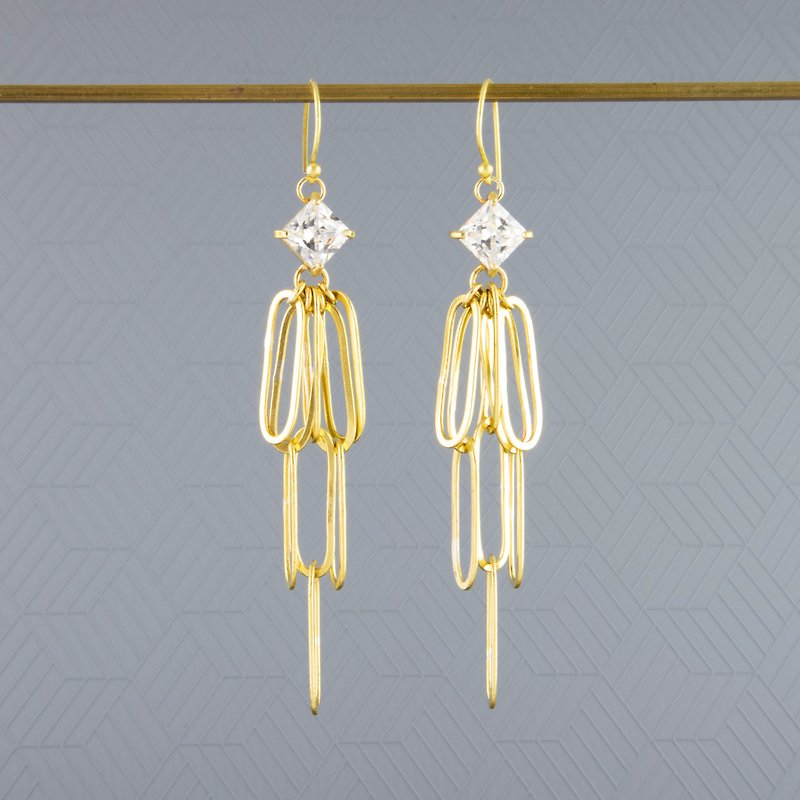 Square Zircon w Oval Chain Drop Earrings - Handmade - Clip on - ต่างหู - ทองแดงทองเหลือง สีทอง